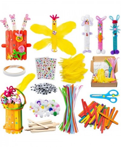 280Pcs Wooden DIY Arts Craft Kit for Kids Make Your Own Bunny Chick Wood Crafts Wooden Stick Pompoms Pipe Cleaners Feather Wi...