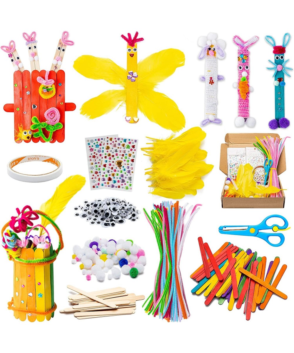 280Pcs Wooden DIY Arts Craft Kit for Kids Make Your Own Bunny Chick Wood Crafts Wooden Stick Pompoms Pipe Cleaners Feather Wi...