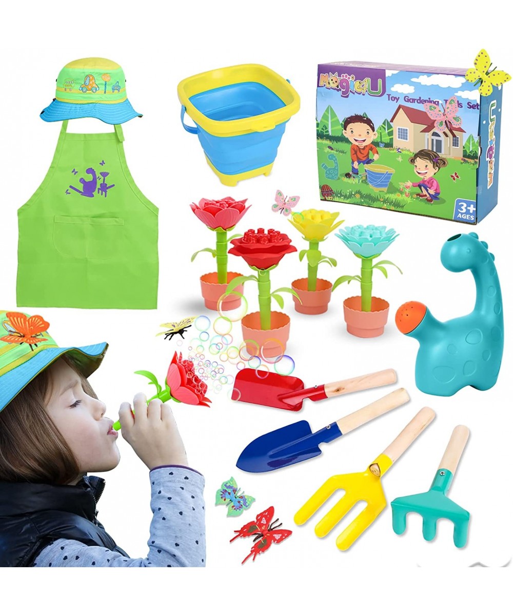 Kids Gardening Set - Real Metal Garden Tools Shovel Rake Fork 18PCS Kids Gardening Kit with Bubble Flowers Water Bucket Dinos...