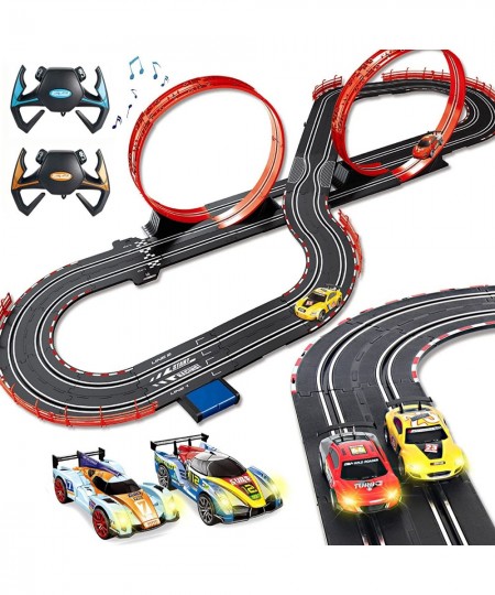 Slot Car Race Track for Boys and Kids Electric Racing Vehicle Playset 1:43 with 4 Cars Headlights 2 Controller Sound and Ligh...