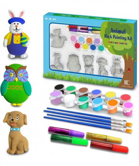 Arts and Crafts for Kids - Set of 6 Animal Rock DIY Painting Craft Kits for Kids Includes 12 Acrylic Paints 4 Brushes 4 Glitt...