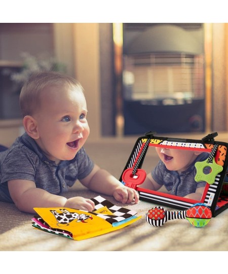 3-in-1 Tummy Time Mirror Toys with Soft Crinkle 3D Activity Book Teethers Rattle High Contrast Black and White Montessori Bab...