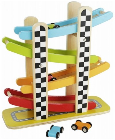 Colorful Wood Race Track Ramp with 4 Wooden Race Cars - Solid Wood Educational Baby Toy for Toddler Boys and Girls Age 18-24 ...