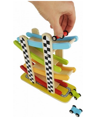 Colorful Wood Race Track Ramp with 4 Wooden Race Cars - Solid Wood Educational Baby Toy for Toddler Boys and Girls Age 18-24 ...