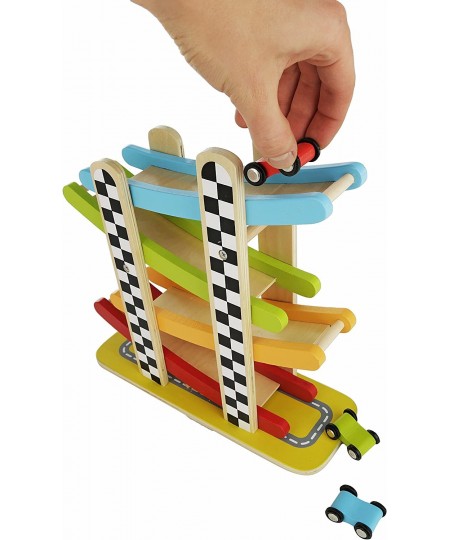 Colorful Wood Race Track Ramp with 4 Wooden Race Cars - Solid Wood Educational Baby Toy for Toddler Boys and Girls Age 18-24 ...