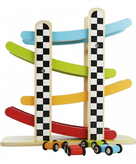 Colorful Wood Race Track Ramp with 4 Wooden Race Cars - Solid Wood Educational Baby Toy for Toddler Boys and Girls Age 18-24 ...