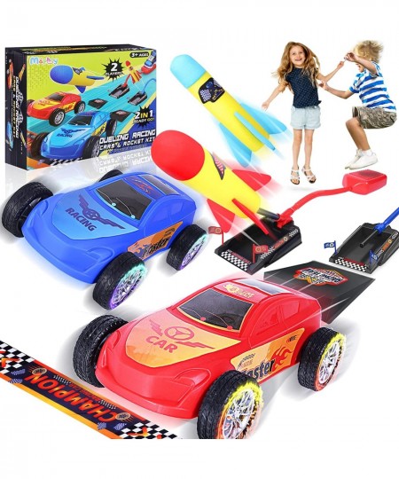 2 in 1 Racing Car and Rocket Dueling Launch Toys for Kids 2 Launchers with 2 Air Powered Cars and 6 Rockets Fun Outdoor Toys ...