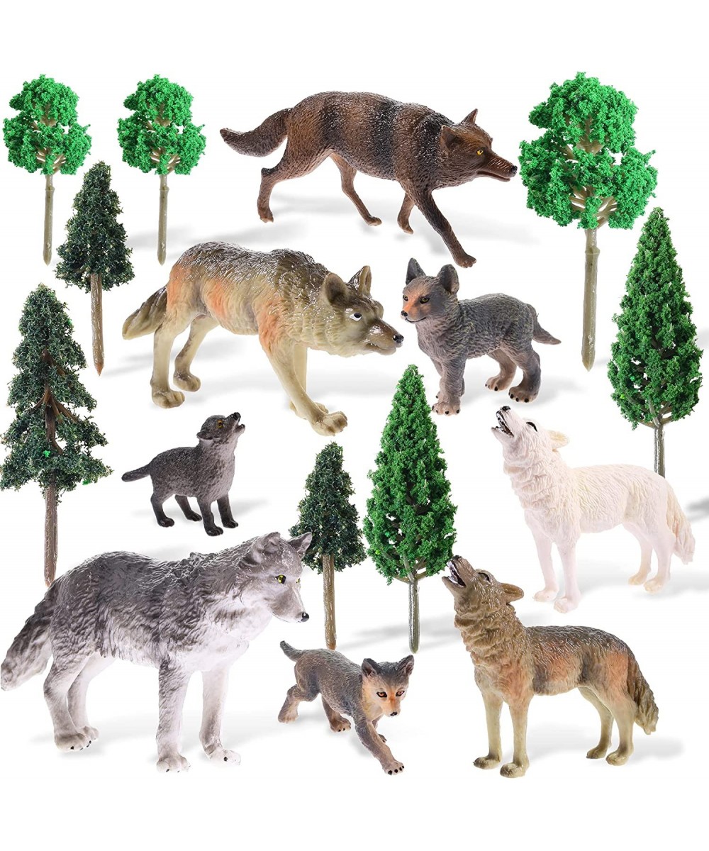 16 Pcs Woodland Animals Figures Model Trees Kit 8 Pcs Wolf Toy Figurines and 8 Pcs Mixed Plastic Trees Forest Wolf Tree Cake ...