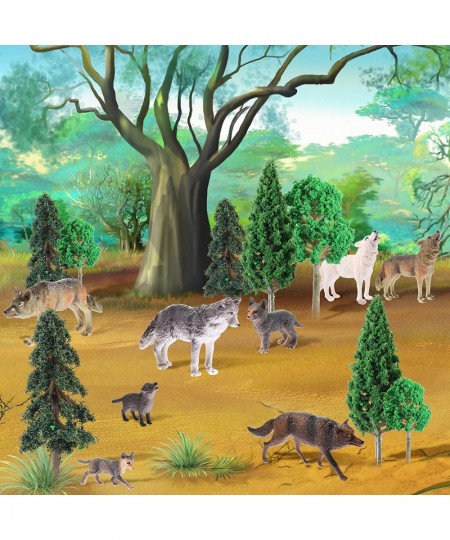 16 Pcs Woodland Animals Figures Model Trees Kit 8 Pcs Wolf Toy Figurines and 8 Pcs Mixed Plastic Trees Forest Wolf Tree Cake ...