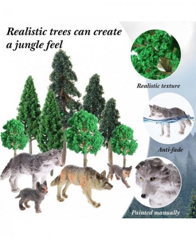 16 Pcs Woodland Animals Figures Model Trees Kit 8 Pcs Wolf Toy Figurines and 8 Pcs Mixed Plastic Trees Forest Wolf Tree Cake ...