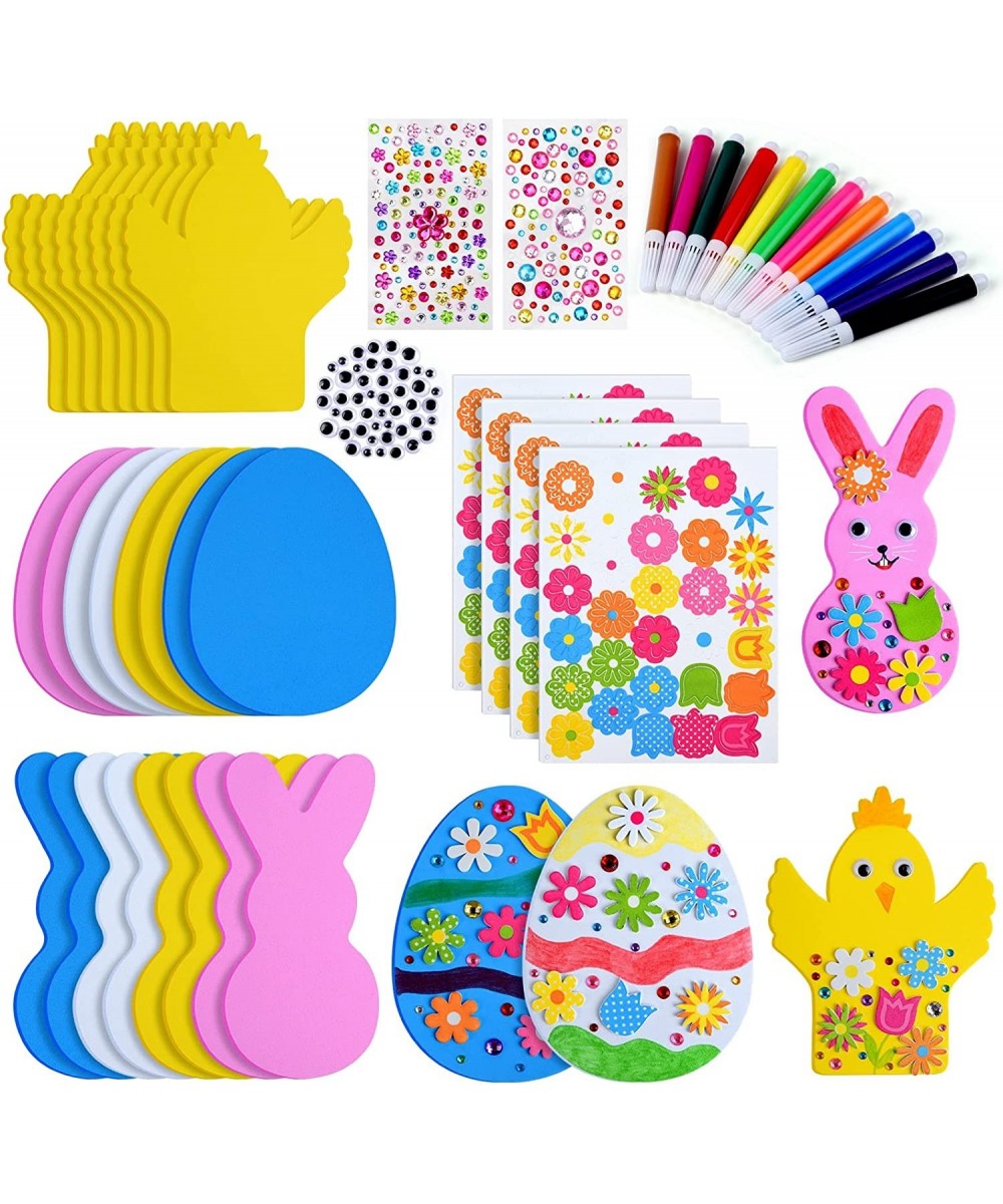 208 Pcs Easter Foam Stickers Set Easter Bunny Chick Flower Egg Foam Stickers for Easter Crafts with Rhinestones Colored Pen E...