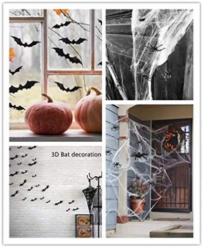 Halloween Spider Web Cobwebs with Fake Spiders and Bats Stretchable Spider Web with Plastic Spiders and Wall Sticker DIY PVC ...