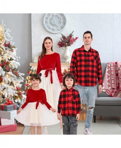 Family Matching Christmas Outfits Red Plaid Parent-Child Lace Skirt Xmas Photography Matching Dress Costume for Women Men Kid...