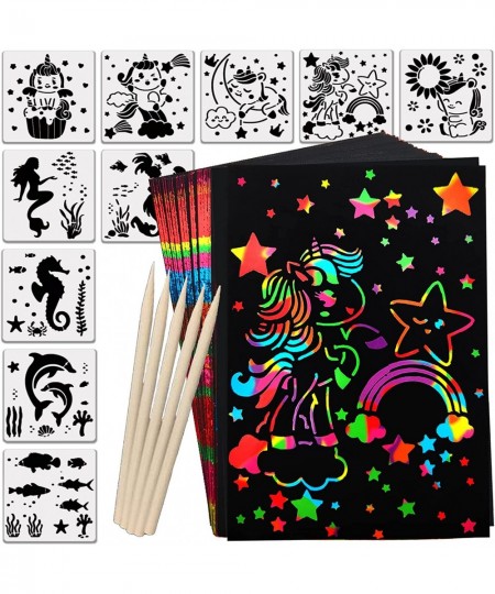 Scratch Paper Crafts For Kids Girls Age 3-10 Years Old 50 Sheets Rainbow Scratch Paper Art Set With Unicorn Mermaid Stencils ...