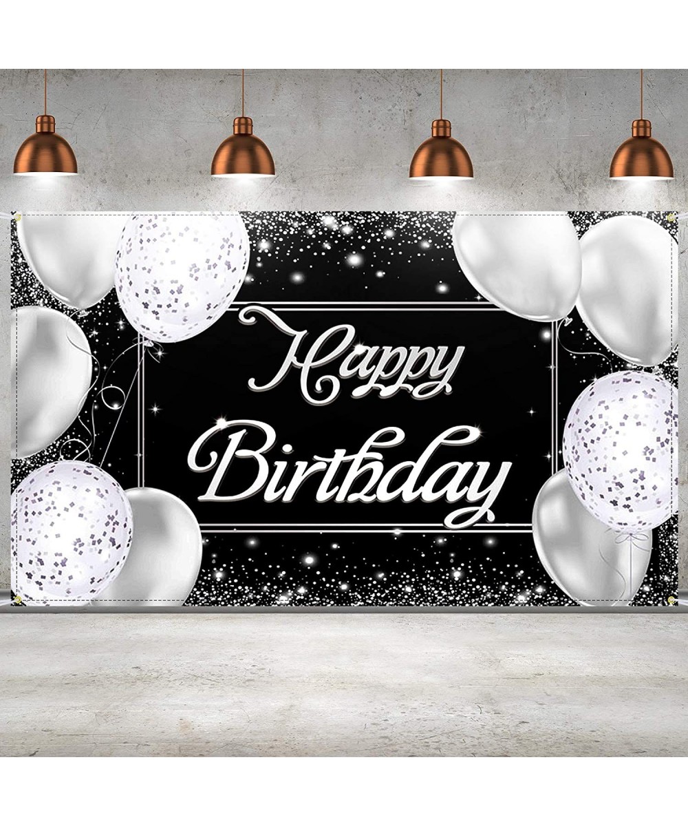 Happy Birthday Backdrop Banner Black and Silver Photography Background Happy Birthday Banner Large Birthday Party Sign Poster...