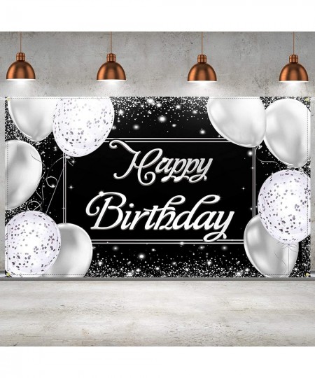 Happy Birthday Backdrop Banner Black and Silver Photography Background Happy Birthday Banner Large Birthday Party Sign Poster...