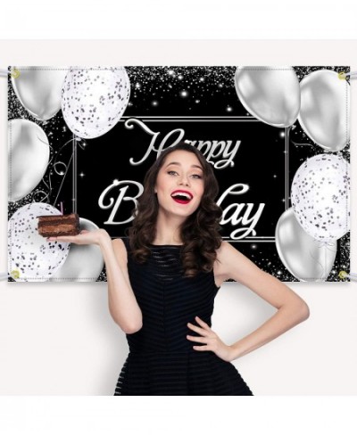 Happy Birthday Backdrop Banner Black and Silver Photography Background Happy Birthday Banner Large Birthday Party Sign Poster...