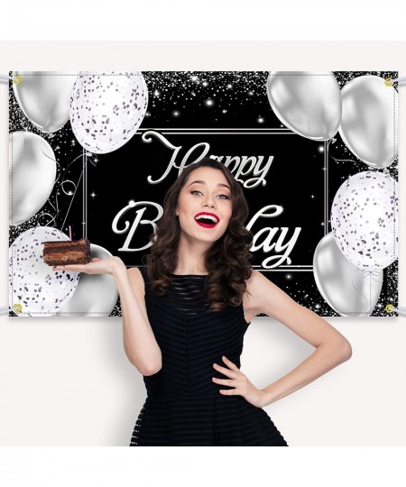 Happy Birthday Backdrop Banner Black and Silver Photography Background Happy Birthday Banner Large Birthday Party Sign Poster...