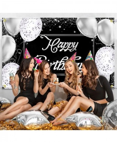 Happy Birthday Backdrop Banner Black and Silver Photography Background Happy Birthday Banner Large Birthday Party Sign Poster...