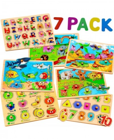 7 Pack Wooden Puzzles for Toddlers 2 3 4 5 Years Old - 7 Colorful Chunky Wood Peg Puzzles for Kids Ages 2-5 Alphabet Shape Nu...