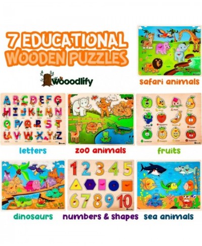 7 Pack Wooden Puzzles for Toddlers 2 3 4 5 Years Old - 7 Colorful Chunky Wood Peg Puzzles for Kids Ages 2-5 Alphabet Shape Nu...