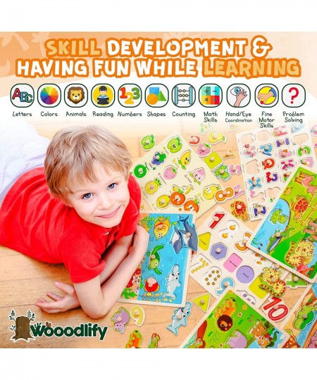 7 Pack Wooden Puzzles for Toddlers 2 3 4 5 Years Old - 7 Colorful Chunky Wood Peg Puzzles for Kids Ages 2-5 Alphabet Shape Nu...