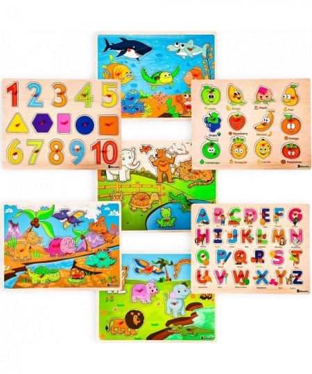 7 Pack Wooden Puzzles for Toddlers 2 3 4 5 Years Old - 7 Colorful Chunky Wood Peg Puzzles for Kids Ages 2-5 Alphabet Shape Nu...