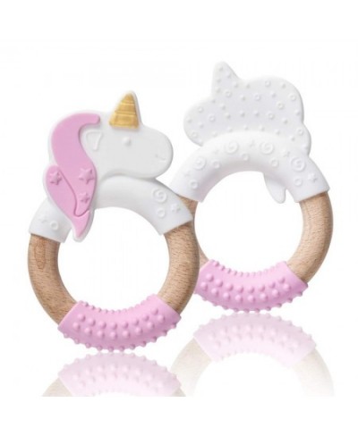 Silicone and Wood Teether Ring in Organic & Natural 100% Food Grade Silicone & Beech Wood Unicorn Teething Toy (Pink-1pack) $...