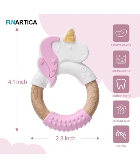 Silicone and Wood Teether Ring in Organic & Natural 100% Food Grade Silicone & Beech Wood Unicorn Teething Toy (Pink-1pack) $...