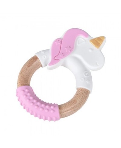 Silicone and Wood Teether Ring in Organic & Natural 100% Food Grade Silicone & Beech Wood Unicorn Teething Toy (Pink-1pack) $...