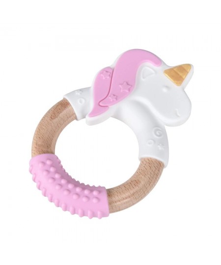 Silicone and Wood Teether Ring in Organic & Natural 100% Food Grade Silicone & Beech Wood Unicorn Teething Toy (Pink-1pack) $...