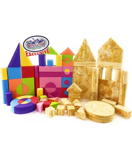 Deluxe EVA Soft Foam Colorful Building Blocks (52 PCS) & Wood Grain Soft Building Blocks (52 PCS) Gift Set Bundle with Carry ...