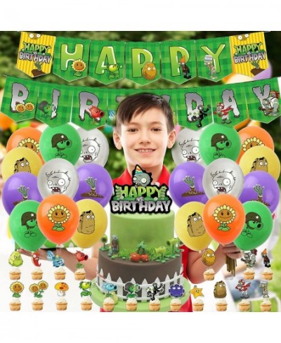 43Pieces Plants Play Game Zombies Party Supplies Including PVZ Happy Birthday Banner PVZ Cake Topper PVZ Latex Balloons for K...