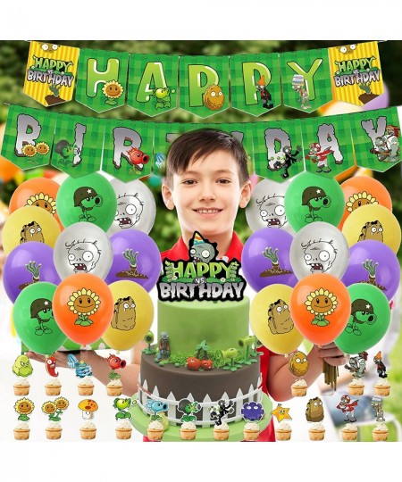 43Pieces Plants Play Game Zombies Party Supplies Including PVZ Happy Birthday Banner PVZ Cake Topper PVZ Latex Balloons for K...