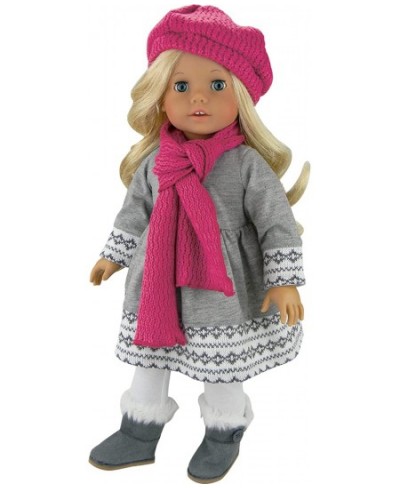 Fair Isle Gray Knit Dress White Leggings Pink Knit Hat and Matching Pink Scarf Outfit 4 Piece Set for 18" Dolls Gray/Pink $32...