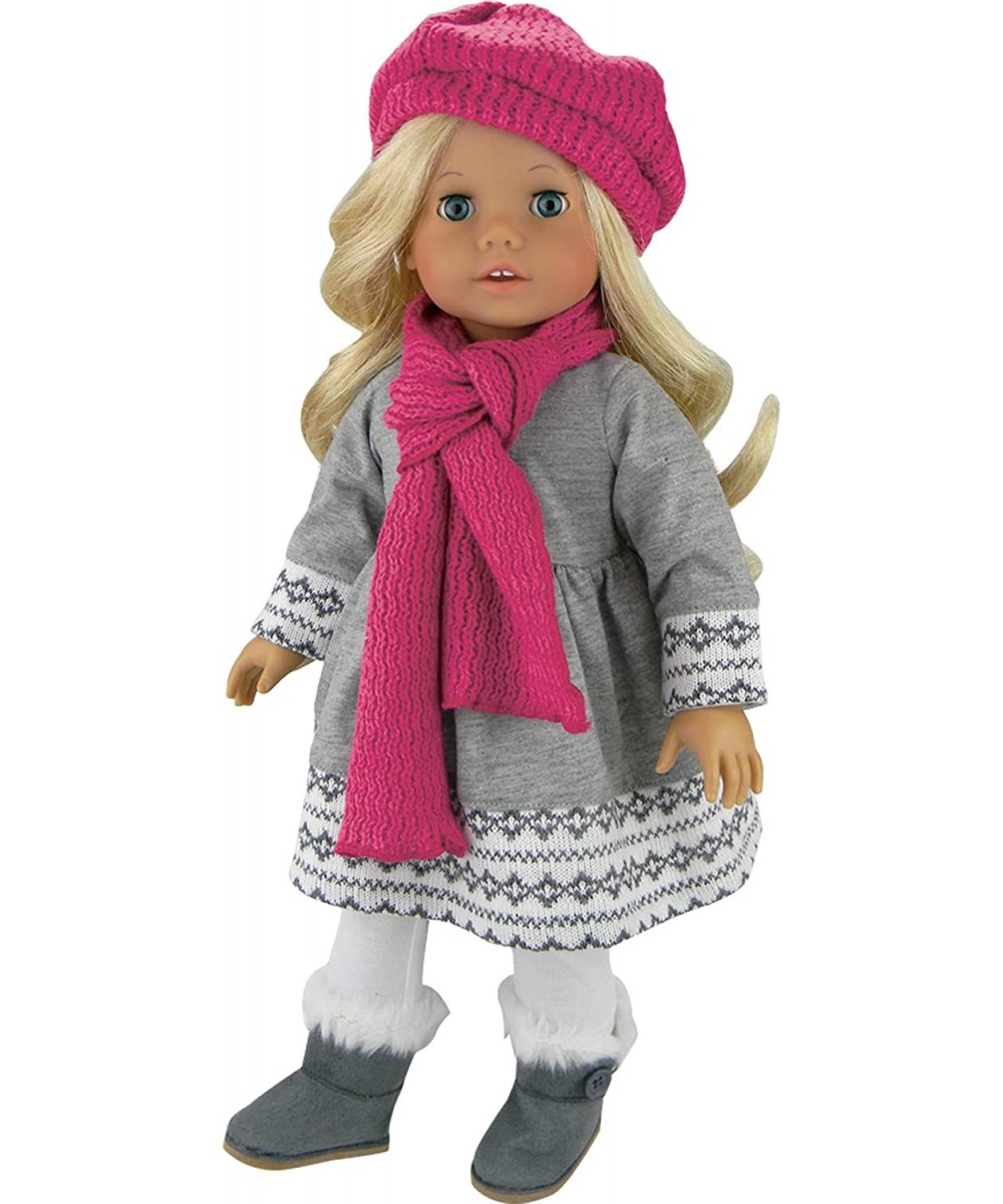 Fair Isle Gray Knit Dress White Leggings Pink Knit Hat and Matching Pink Scarf Outfit 4 Piece Set for 18" Dolls Gray/Pink $32...