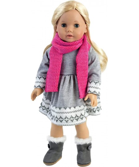 Fair Isle Gray Knit Dress White Leggings Pink Knit Hat and Matching Pink Scarf Outfit 4 Piece Set for 18" Dolls Gray/Pink $32...