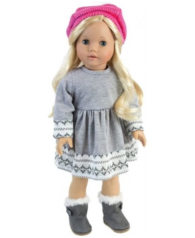 Fair Isle Gray Knit Dress White Leggings Pink Knit Hat and Matching Pink Scarf Outfit 4 Piece Set for 18" Dolls Gray/Pink $32...