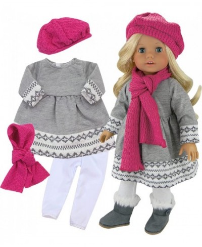 Fair Isle Gray Knit Dress White Leggings Pink Knit Hat and Matching Pink Scarf Outfit 4 Piece Set for 18" Dolls Gray/Pink $32...