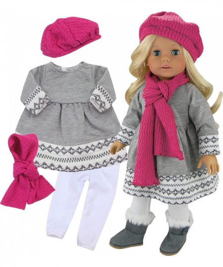 Fair Isle Gray Knit Dress White Leggings Pink Knit Hat and Matching Pink Scarf Outfit 4 Piece Set for 18" Dolls Gray/Pink $32...