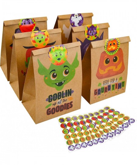 24 PCS Halloween Kraft Paper Treat Bags with Character Designs Halloween Candy Bag with Kraft Paper Bag & Sticker Halloween C...