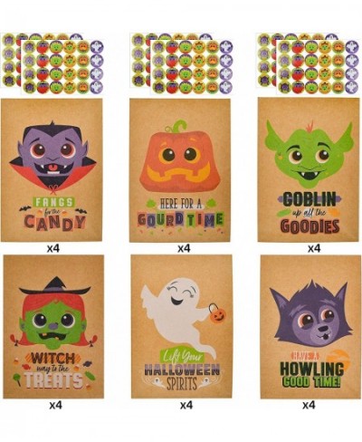 24 PCS Halloween Kraft Paper Treat Bags with Character Designs Halloween Candy Bag with Kraft Paper Bag & Sticker Halloween C...