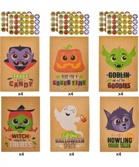 24 PCS Halloween Kraft Paper Treat Bags with Character Designs Halloween Candy Bag with Kraft Paper Bag & Sticker Halloween C...