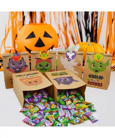 24 PCS Halloween Kraft Paper Treat Bags with Character Designs Halloween Candy Bag with Kraft Paper Bag & Sticker Halloween C...