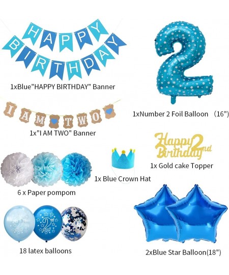 2nd Birthday Party Supplies for Boys I Am Two Banner Number 2 Foil Balloon Paper Pom Poms for Baby Shower Kids Royal Prince T...