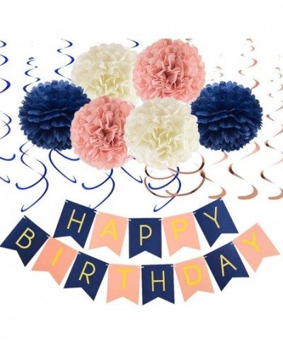 Navy Rose Gold Birthday Decorations with Birthday Banner Paper Flower Pom Poms Hanging Swirl for Women Girls Birthday Party S...