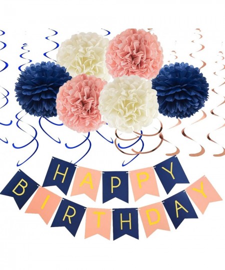 Navy Rose Gold Birthday Decorations with Birthday Banner Paper Flower Pom Poms Hanging Swirl for Women Girls Birthday Party S...