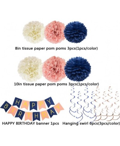 Navy Rose Gold Birthday Decorations with Birthday Banner Paper Flower Pom Poms Hanging Swirl for Women Girls Birthday Party S...