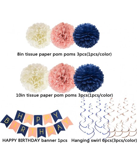 Navy Rose Gold Birthday Decorations with Birthday Banner Paper Flower Pom Poms Hanging Swirl for Women Girls Birthday Party S...