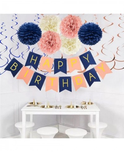 Navy Rose Gold Birthday Decorations with Birthday Banner Paper Flower Pom Poms Hanging Swirl for Women Girls Birthday Party S...